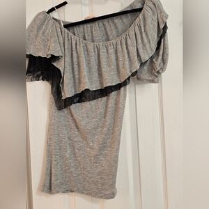 Gray Off-Shoulder Top with Black Lace